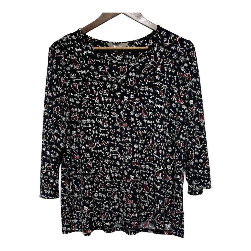 TanJay Top Womens L Black Cat Doodle Print 3/4 Sleeve Stretch Knit Casual Shirt